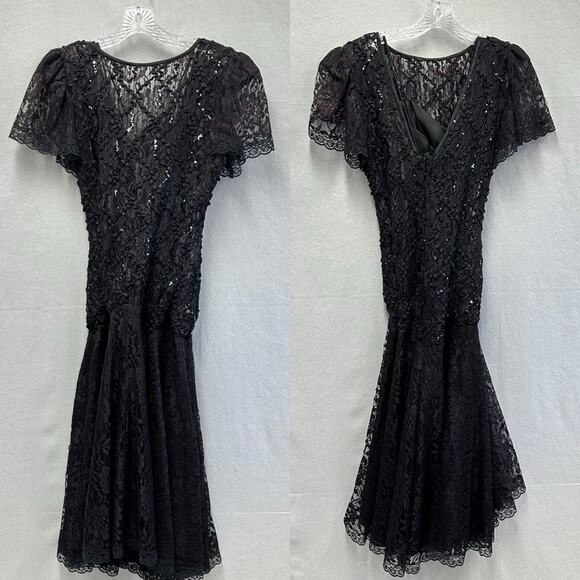Vintage 80s Black Sequin & Illusion Lace Goth Party Dress Drop Waist size 6 - Picture 13 of 15